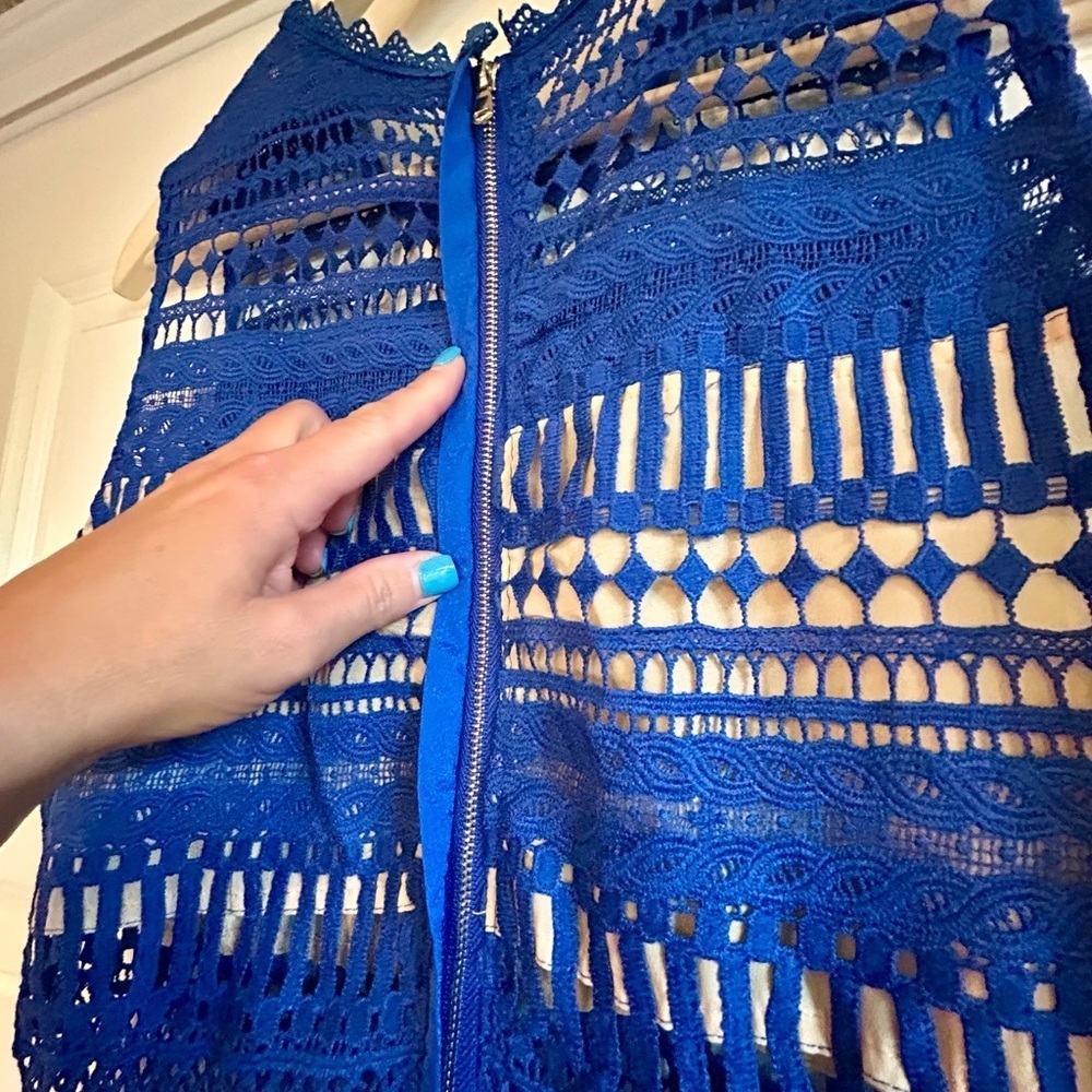 Zoe & Sam Royal Blue Battenberg Style Cut Out Lace Midi Statement Dress Size L - Picture 10 of 12